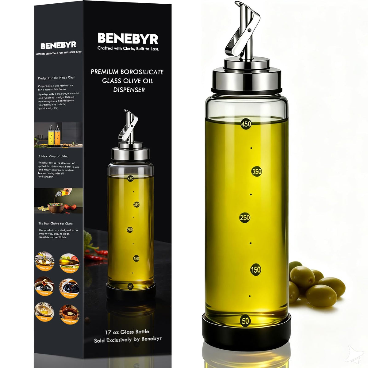 Glass Olive Oil Dispenser Bottle for Kitchen 17 oz Leakproof & Shatterproof