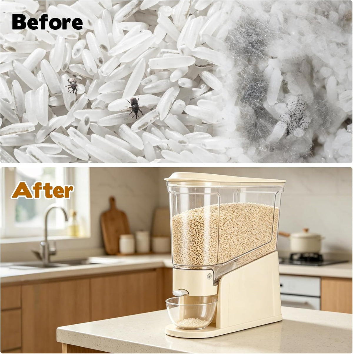 Rice Dispenser 11Lbs Slim Rice Storage Container for Small Space Clear Cereal Dispenser Sealed Moisture Proof with Measuring Cup BPA-Free Grain Storage Bucket for Kitchen Pantry Household, Cream White