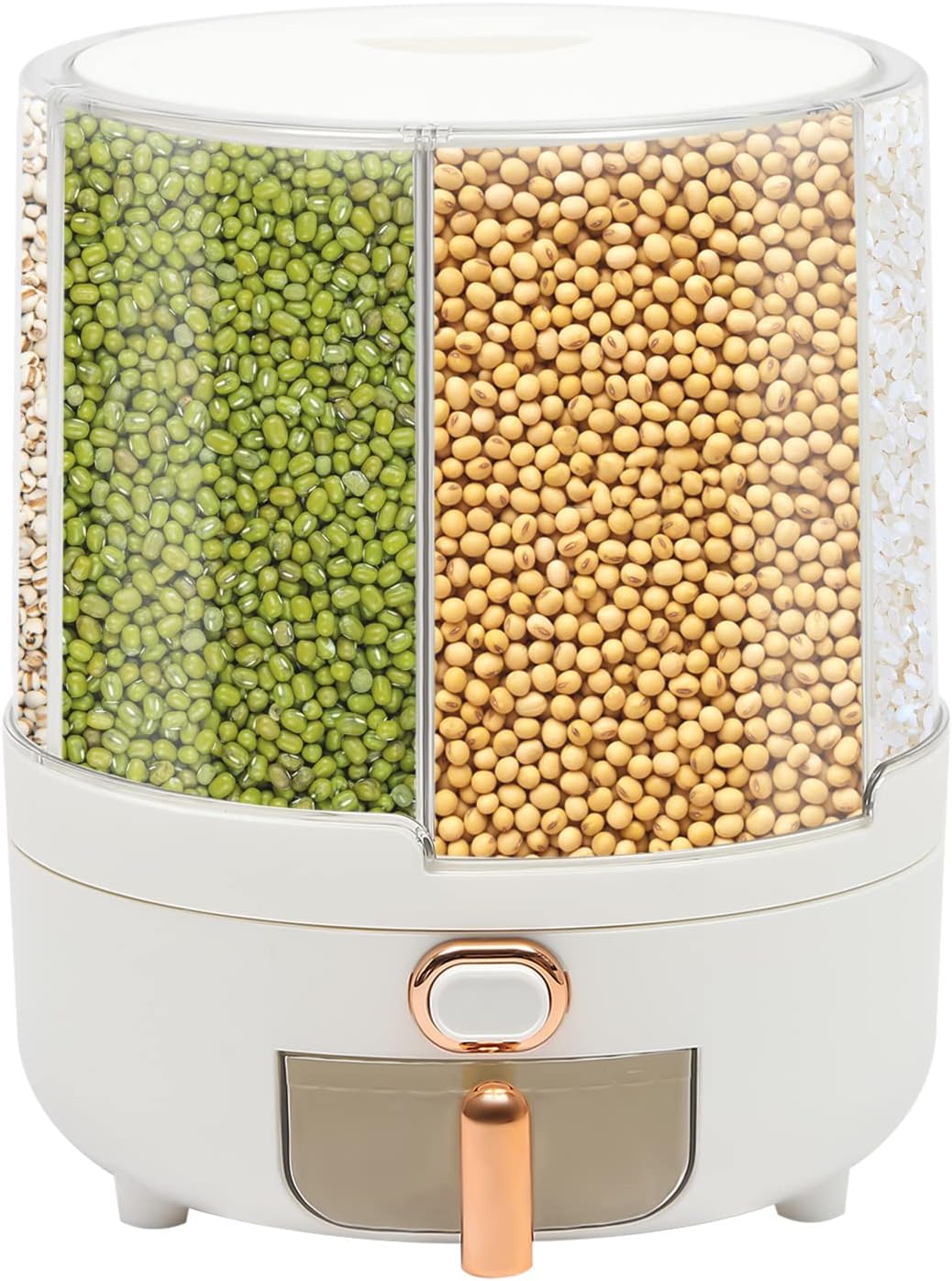 Cereal Dispenser Countertop 360° Rotating Grain Storage Container 13.2-27.56 Lbs Rice Dispenser 6 Grids Dry Food Dispenser Candy Dispensers for Grains, Beans, Rice (White+Clear, 14.33Lbs)