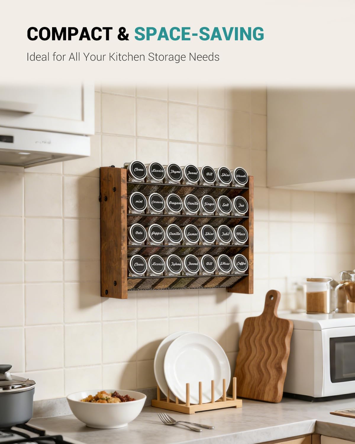 Spice Rack Organizer with 28 Glass Jars, for Cabinet Wall Mount Countertop