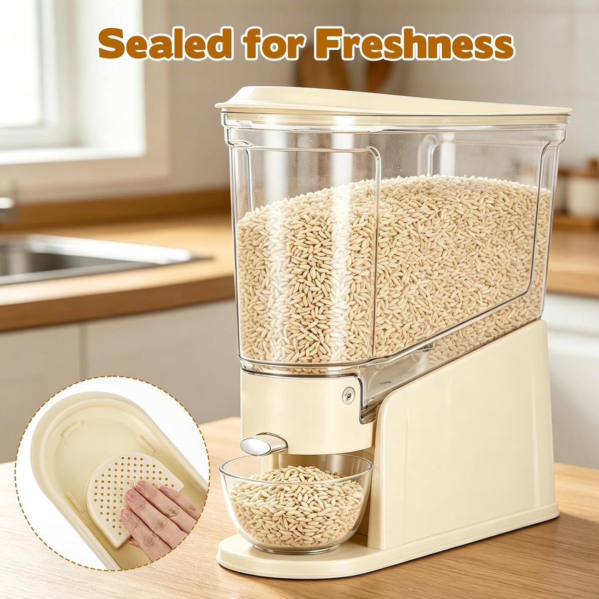 Rice Dispenser 11Lbs Slim Rice Storage Container for Small Space Clear Cereal Dispenser Sealed Moisture Proof with Measuring Cup BPA-Free Grain Storage Bucket for Kitchen Pantry Household, Cream White