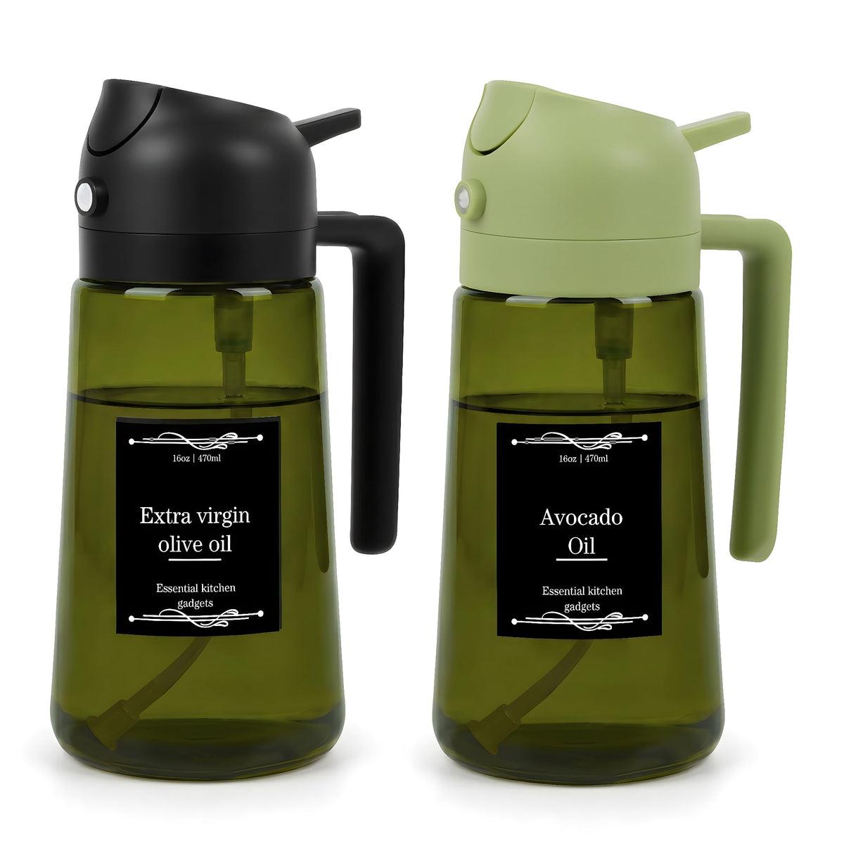 Oil Dispenser Glass Bottle, 16oz/470ml, 2-in-1 Oil Sprayer and Pourer, Clear Glass with Light-Blocking Dark Exterior Coating, for Cooking, Air Fryer, Salad, BBQ (Black)
