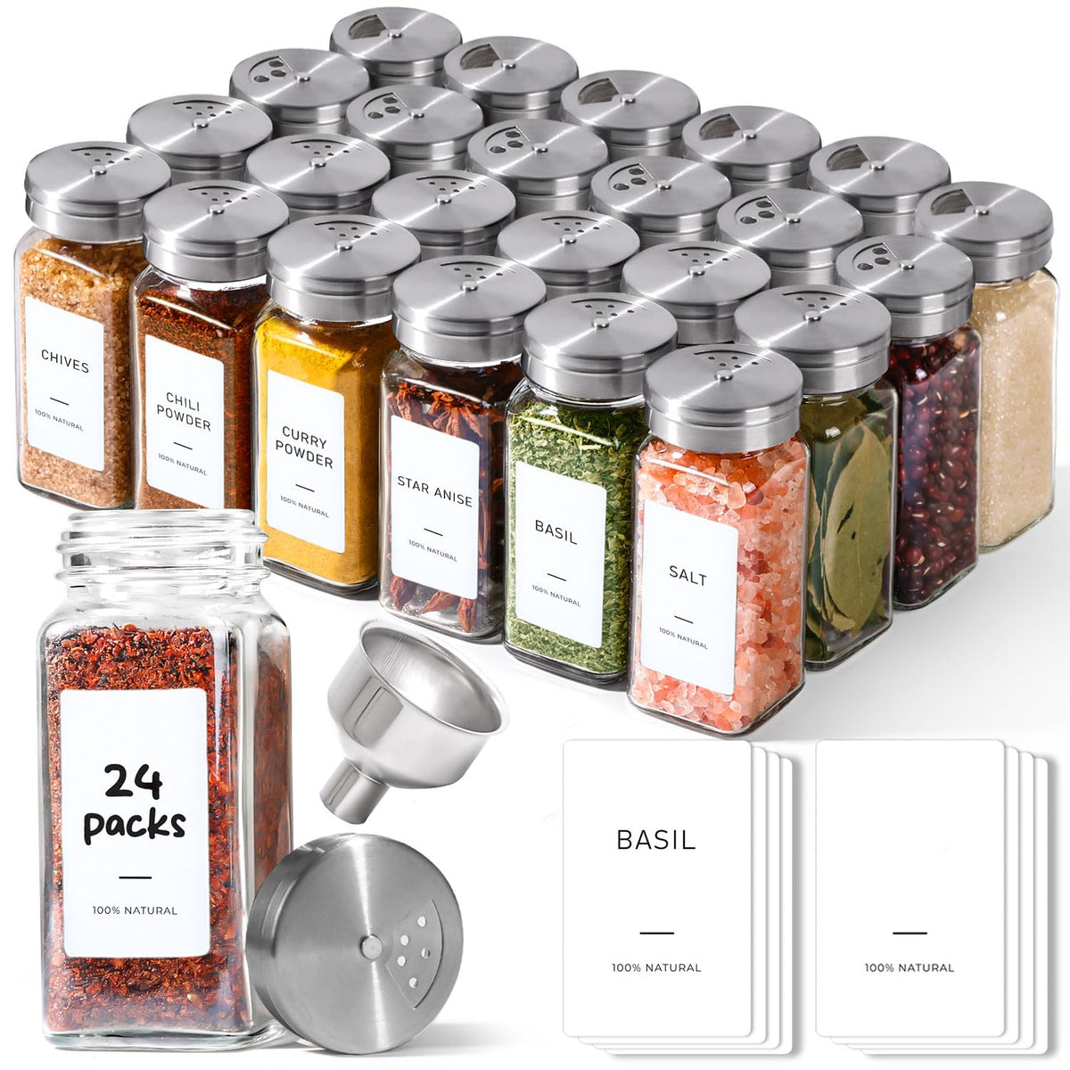 ComSaf Glass Spice Jars with with Labels 4 oz 24 Pack Bamboo Lids Bulk Set