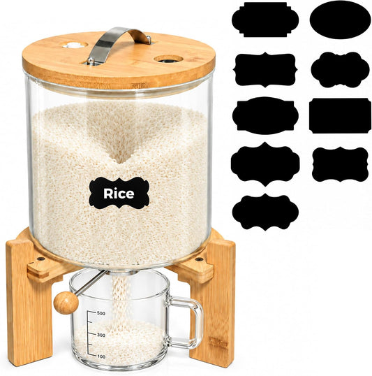 Glass Rice Dispenser, 5L Airtight Rice Container with Measuring Cup & Label