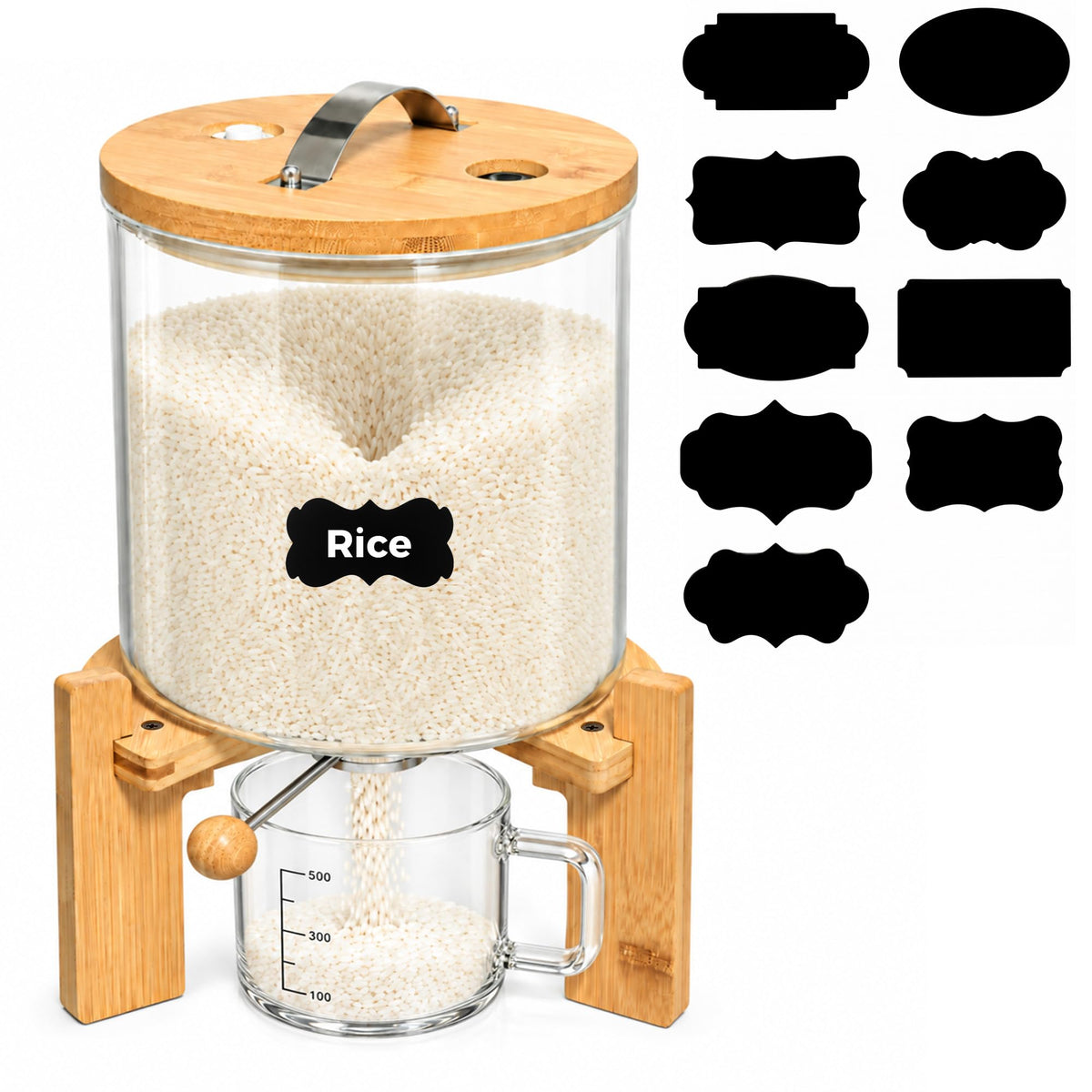 Glass Rice Dispenser, 5L Airtight Rice Container with Measuring Cup & Label