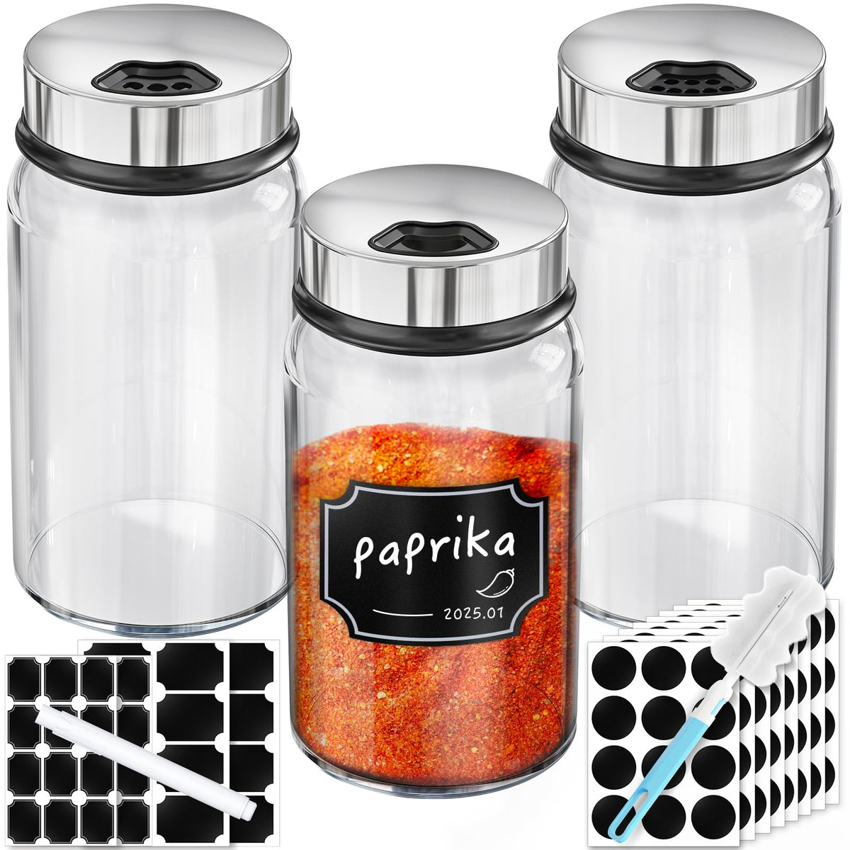 Segarty Spice Jar with Shaker Lids, 3 Pack 6 oz Spice Jars with Adjustable Pour Large Holes for Herbs Grains, Empty Glass Spices Bottles Seasoning Containers Clear Salt Pepper Shakers