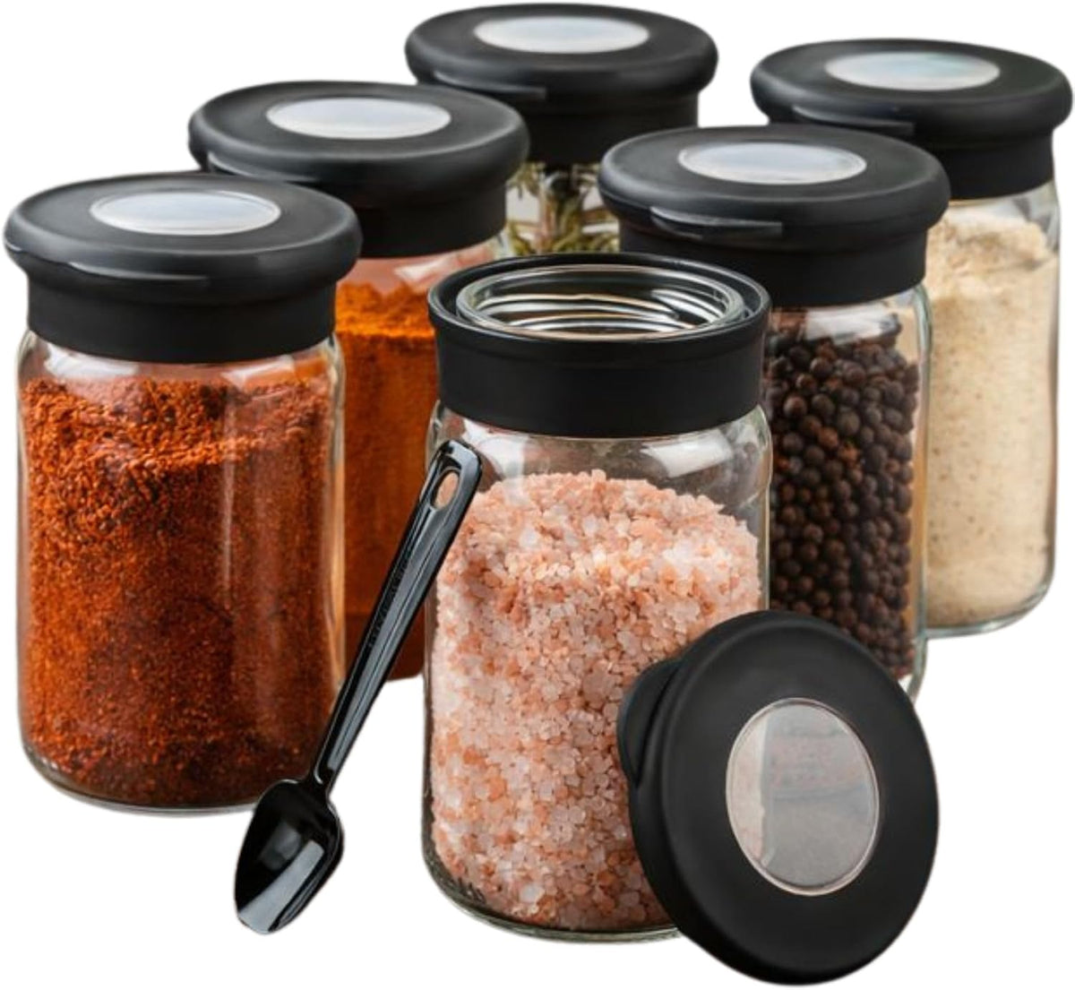Hakan Spice Jars with Spoons | Clear Glass Spice Jars with Airtight Lids | Round Seasoning Organizers | Canister Set for Countertop | Food Storage Container Set, 6-Pack | 12.8 Oz