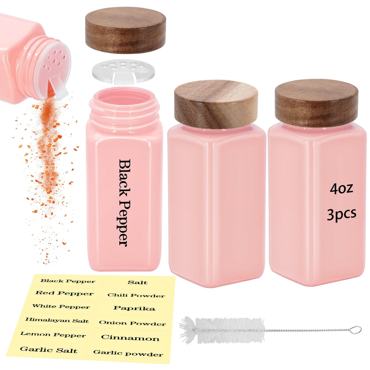 3Pcs 4 oz Square Glass Spice Jars with Label, Empty Spice Containers with Wooden Lids, Square Seasoning Containers and Supplement Set, Small Seasoning Bottles for Salt, Sugar, Pepper (White)