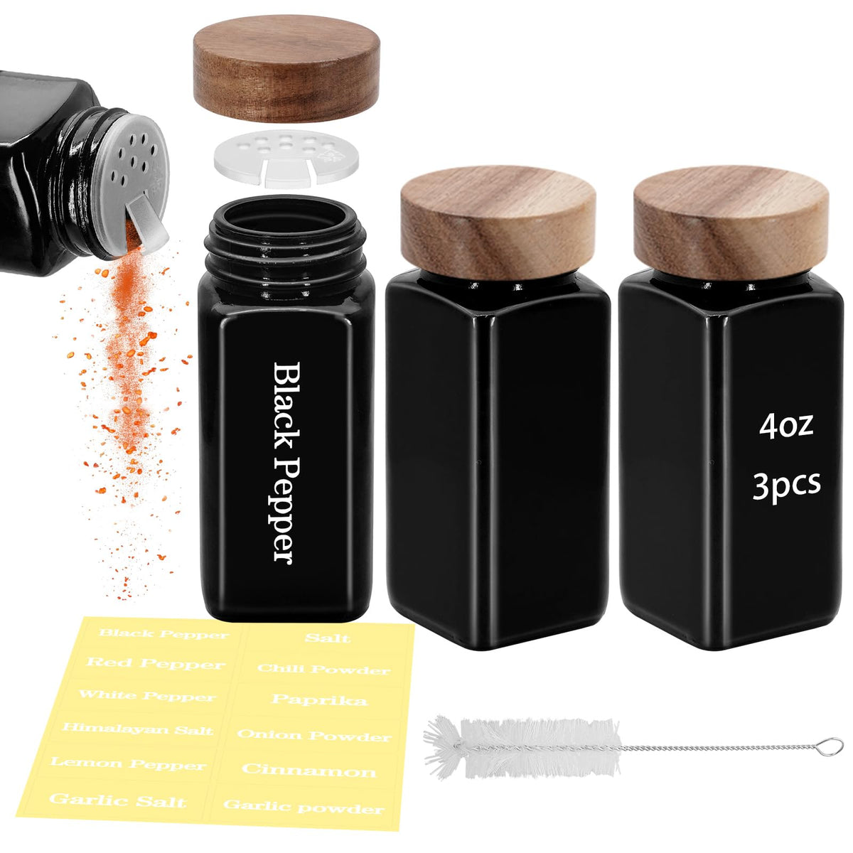 3Pcs 4 oz Square Glass Spice Jars with Label, Empty Spice Containers with Wooden Lids, Square Seasoning Containers and Supplement Set, Small Seasoning Bottles for Salt, Sugar, Pepper (White)