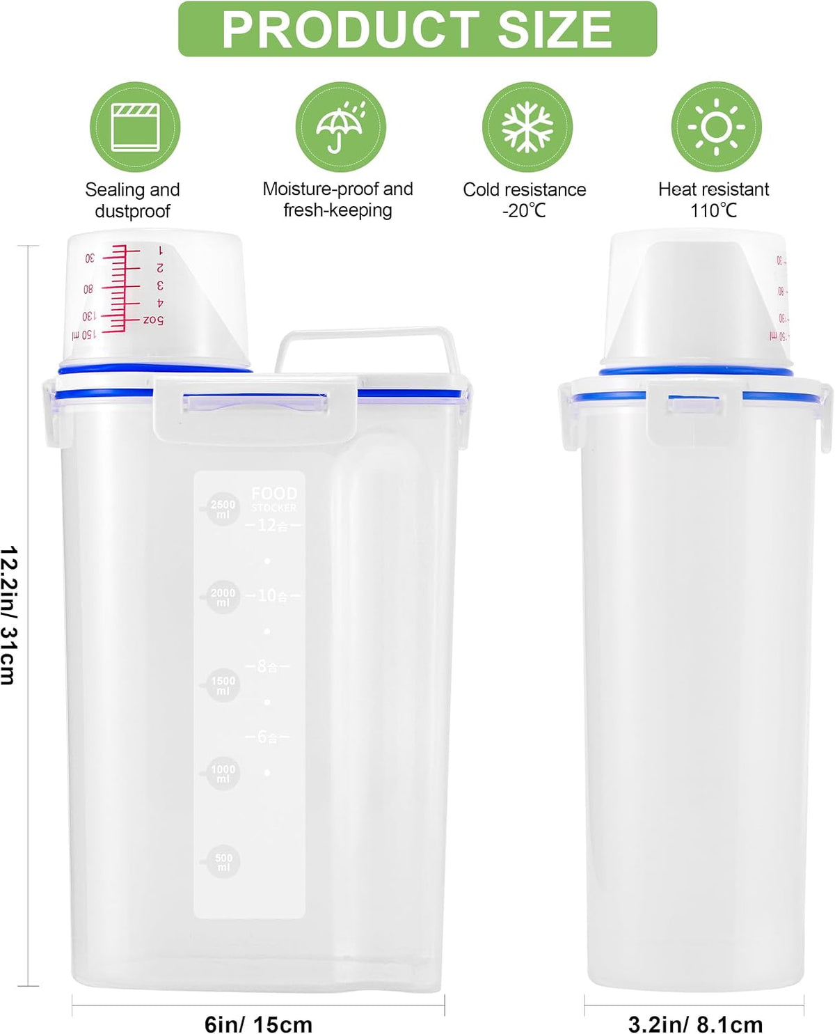 2 Pcs 5.5Lbs Rice Storage Container, Rice Container with Measuring Cup & Pour Spout, Kitchen Plastic Airtight Container for Cereal, Grain, Flour, Sugar, Oatmeal, Dry Pet Dog Food