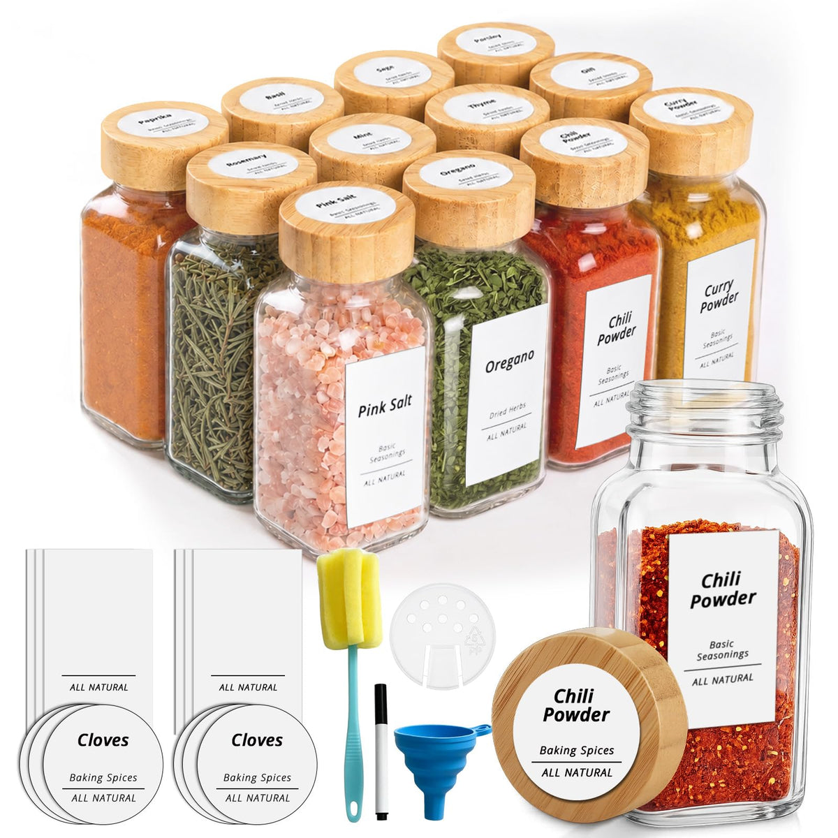 SHOWIN Spice Jars with Label, 4oz Spice Containers with Bamboo Lids 12pcs, Glass Spice Jars with Lids, Square Seasoning Containers for Rack, Cabinet, Drawer, Home Kitchen Seasoning Organizer