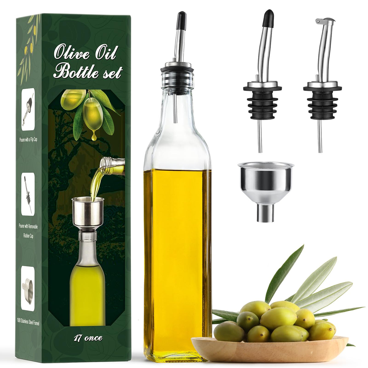 AOZITA 17oz Glass Olive Oil Dispenser - Oil and Vinegar Cruet Bottle with Stainless Steel Pourers - Funnel For Easy Refill - Olive Carafe Decanter for Kitchen