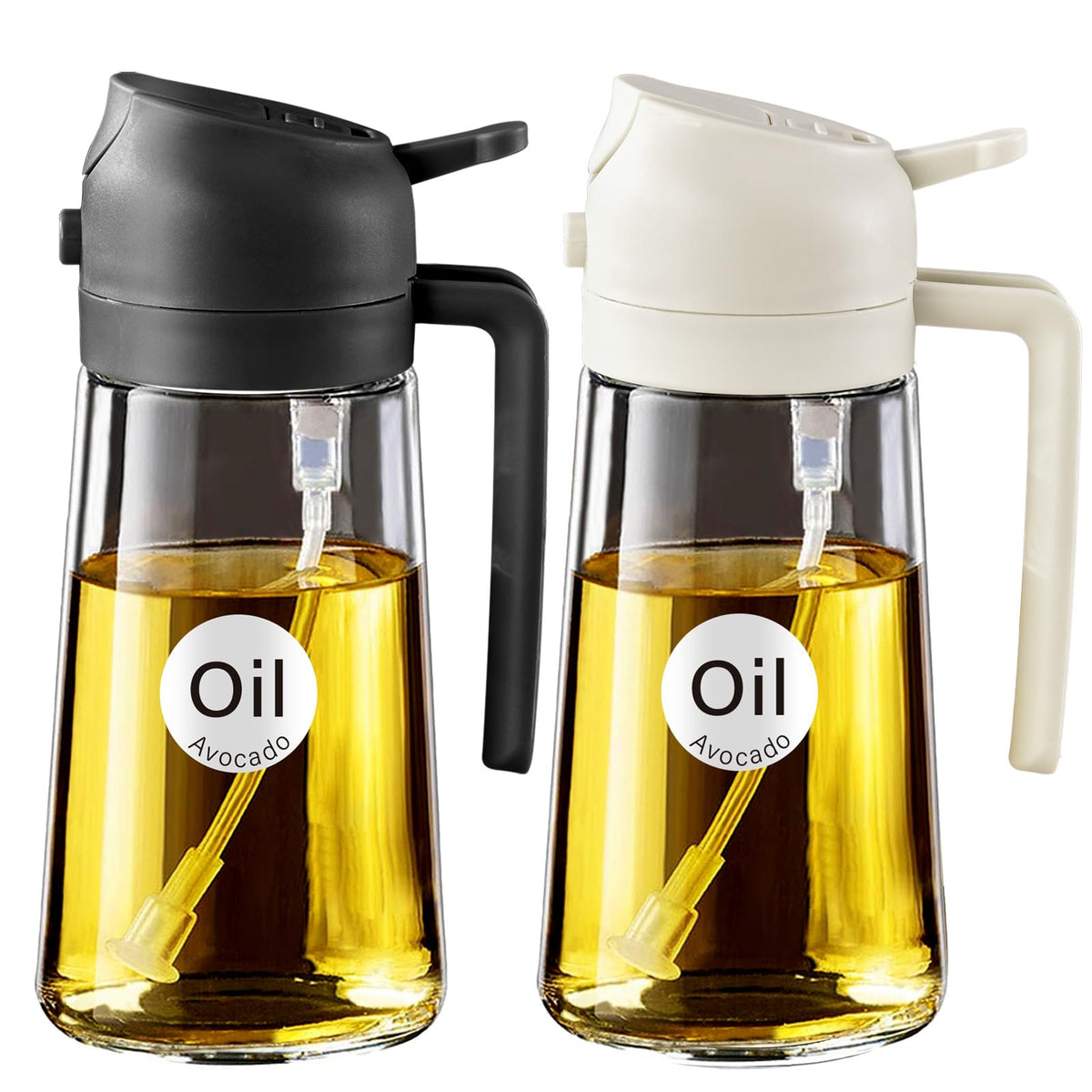 YARRAMATE Olive Oil Dispenser, 2 in 1 Oil Sprayer for Cooking, 16oz/470ml Glass Oil Spray Bottle with Pourer, Food-grade Oil Dispenser and Oil Sprayer for Kitchen, Salad, Frying, BBQ (Black & Green)