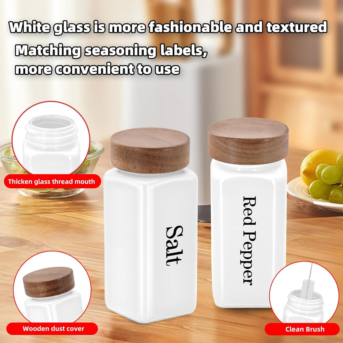 3Pcs 4 oz Square Glass Spice Jars with Label, Empty Spice Containers with Wooden Lids, Square Seasoning Containers and Supplement Set, Small Seasoning Bottles for Salt, Sugar, Pepper (White)