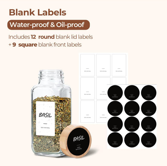 ComSaf Glass Spice Jars with Labels 8 oz 6 Pack Bamboo Lids