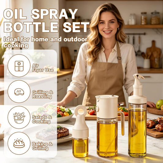 3-Piece Oil Dispenser Set, 580ml 3-in-1 Olive Oil Sprayer and Pourer