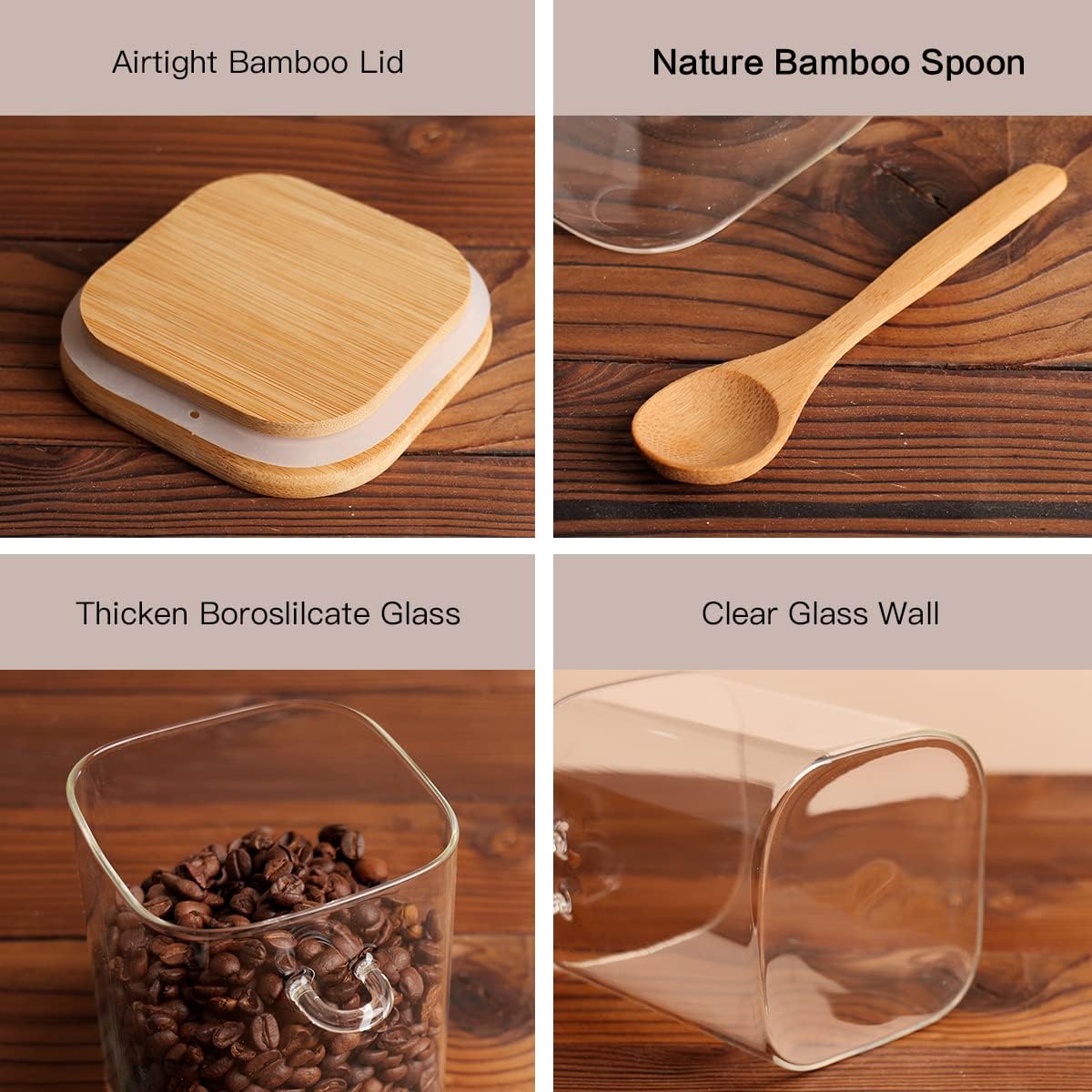 4 Pcs 27oz Glass Jar with Bamboo Lid and Spoon, Sugar and Coffee Container
