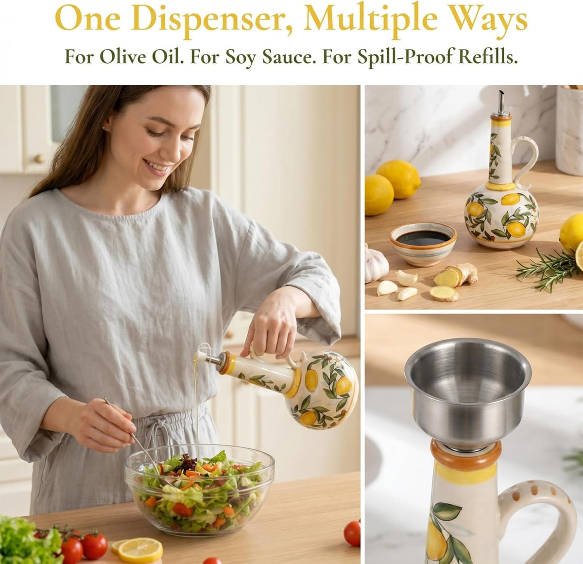 Ceramic Olive Oil Dispenser Bottle 23oz, Hand Painted Olive Oil Bottles, Decorative Stoneware Olive Oil Cruet for Kitchen with Stainless Steel Spout for Oils, Sauces, Vinegar (Llemon)