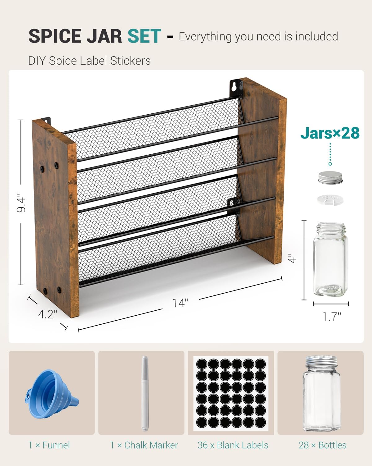 Spice Rack Organizer with 28 Glass Jars, for Cabinet Wall Mount Countertop