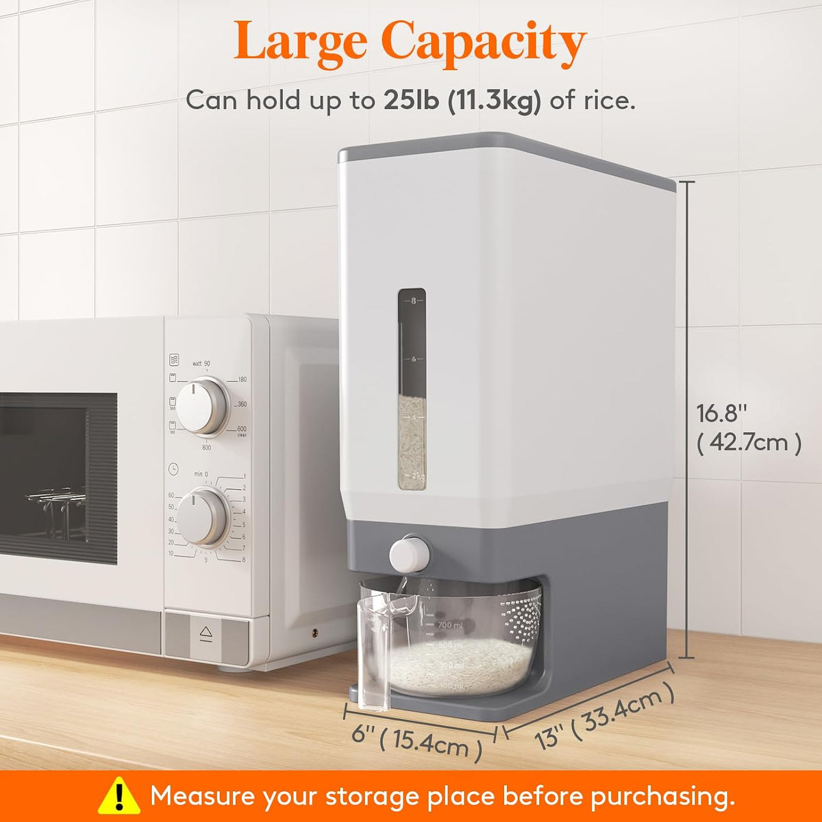 Lifewit Rice Container 29 Lbs, One-Press Dispenser with Measuring Cup 2 Pcs