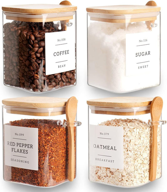 4 Pcs 27oz Glass Jar with Bamboo Lid and Spoon, Sugar and Coffee Container