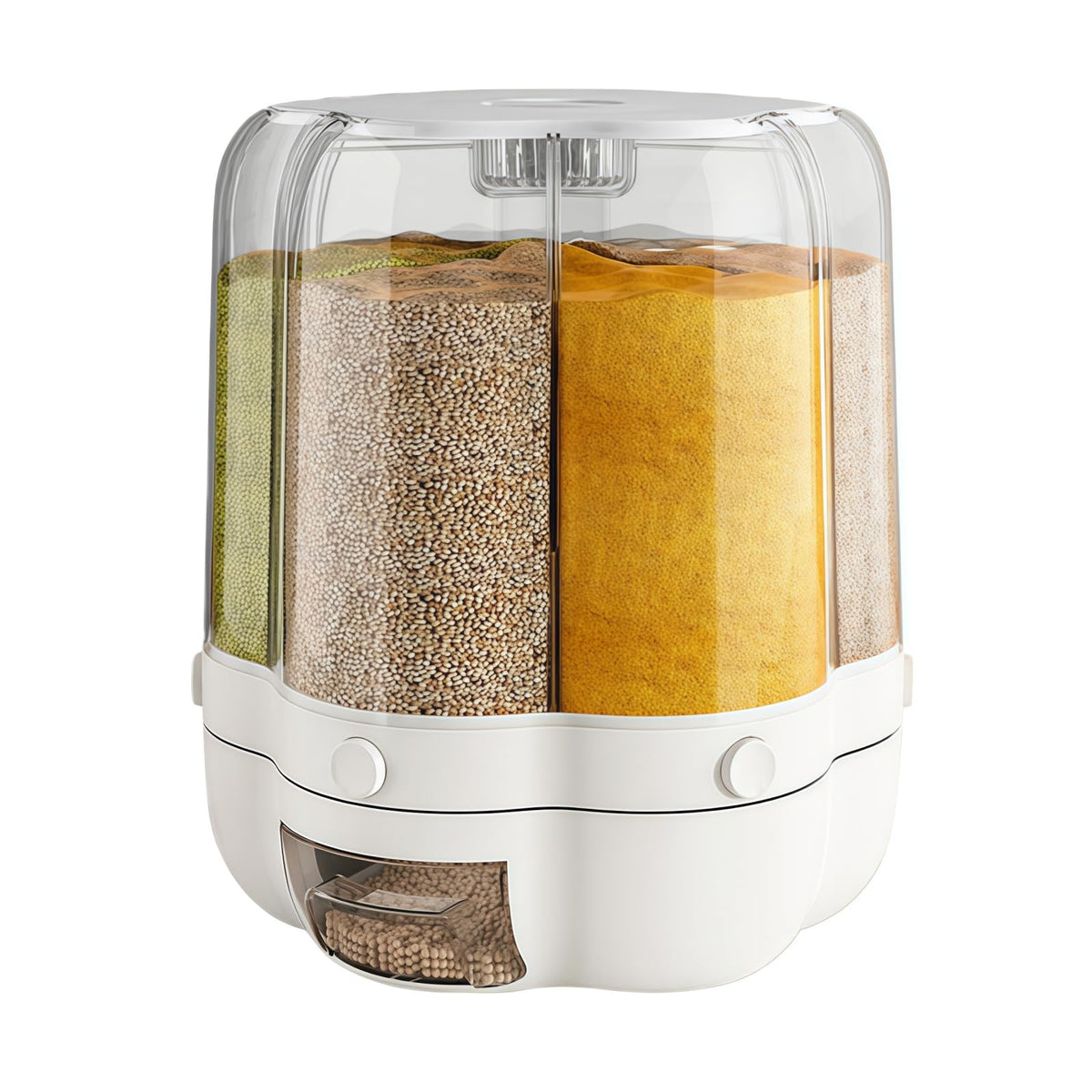 Cereal Dispenser Countertop 360° Rotating Grain Storage Container 13.2-27.56 Lbs Rice Dispenser 6 Grids Dry Food Dispenser Candy Dispensers for Grains, Beans, Rice (White+Clear, 14.33Lbs)