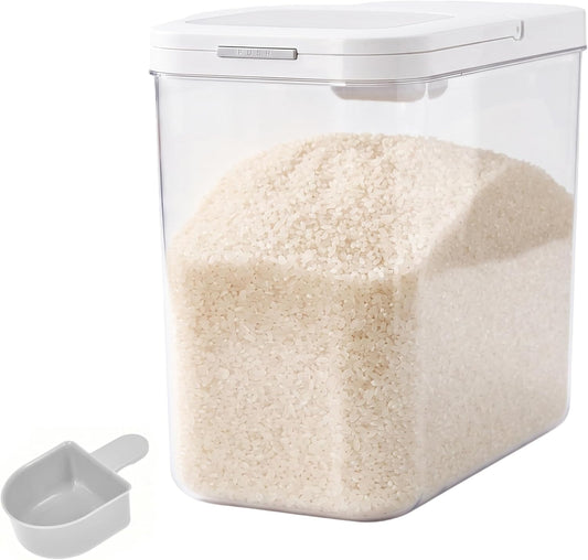 Rice storage container - 20-25lbs Rice Dispenser with Measuring Spoon - 11.4Qt/12L Large Airtight Flip Top Push Up Button Holder for Rice, Flour Bin BPA-Free PET, Slim Space-Saving