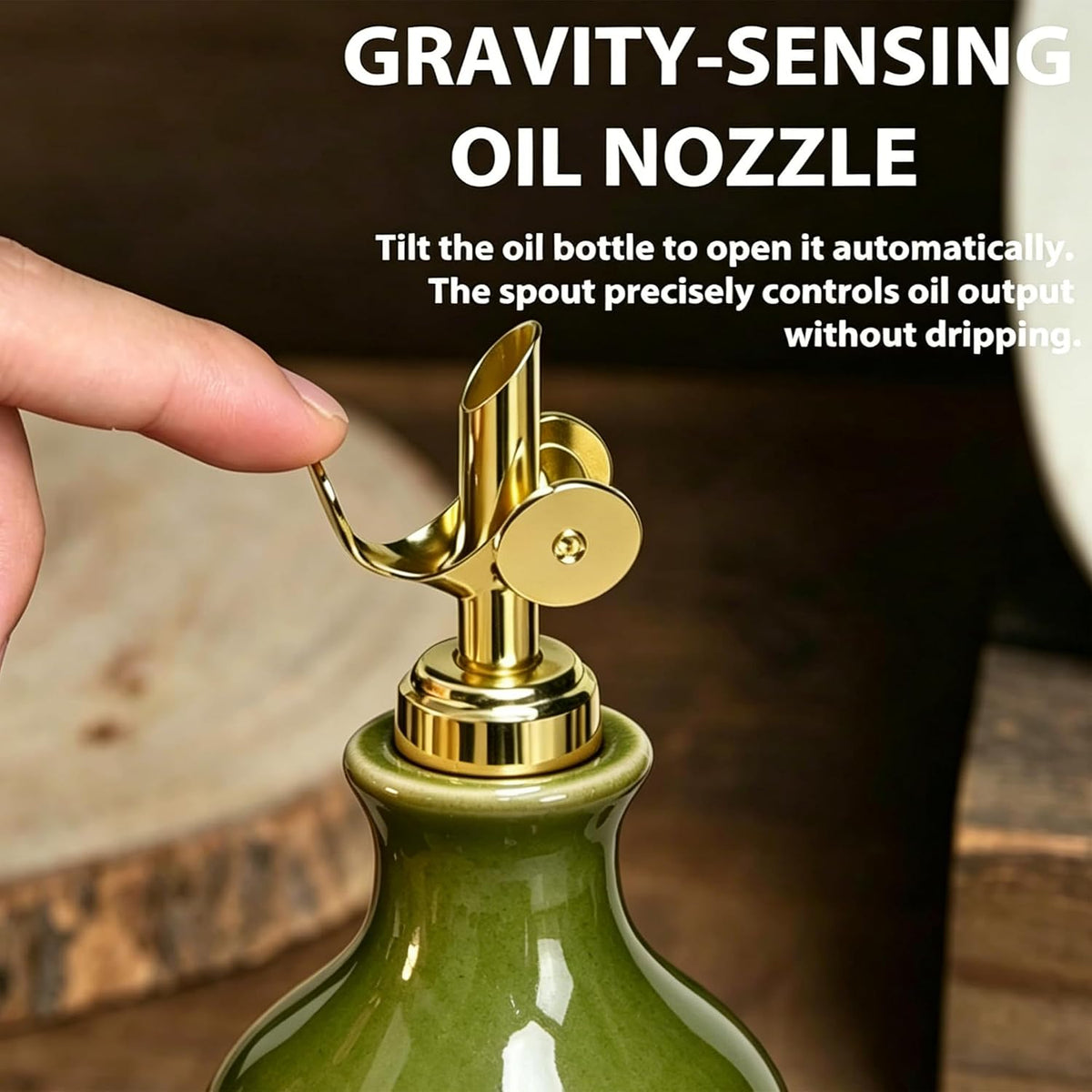 23.6Oz Green Ceramic Olive Oil Dispenser Bottle with Gold Gravity Spout