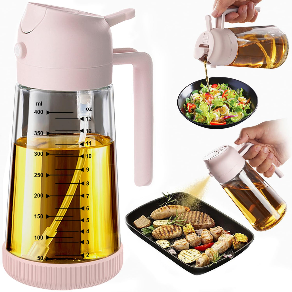 TrendPlain 16oz/470ml Glass Olive Oil Sprayer for Cooking – 2 in 1 Olive Oil Dispenser Bottle for Kitchen Gadgets and Air Fryer Accessories, Salad, BBQ - Black