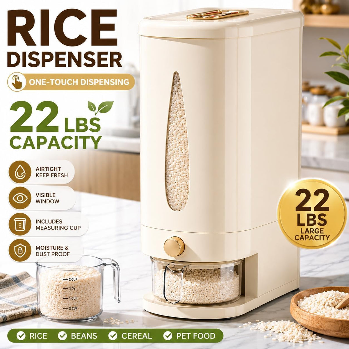 22lbs Rice Dispenser, Airtight Grain Storage Container with One-Touch