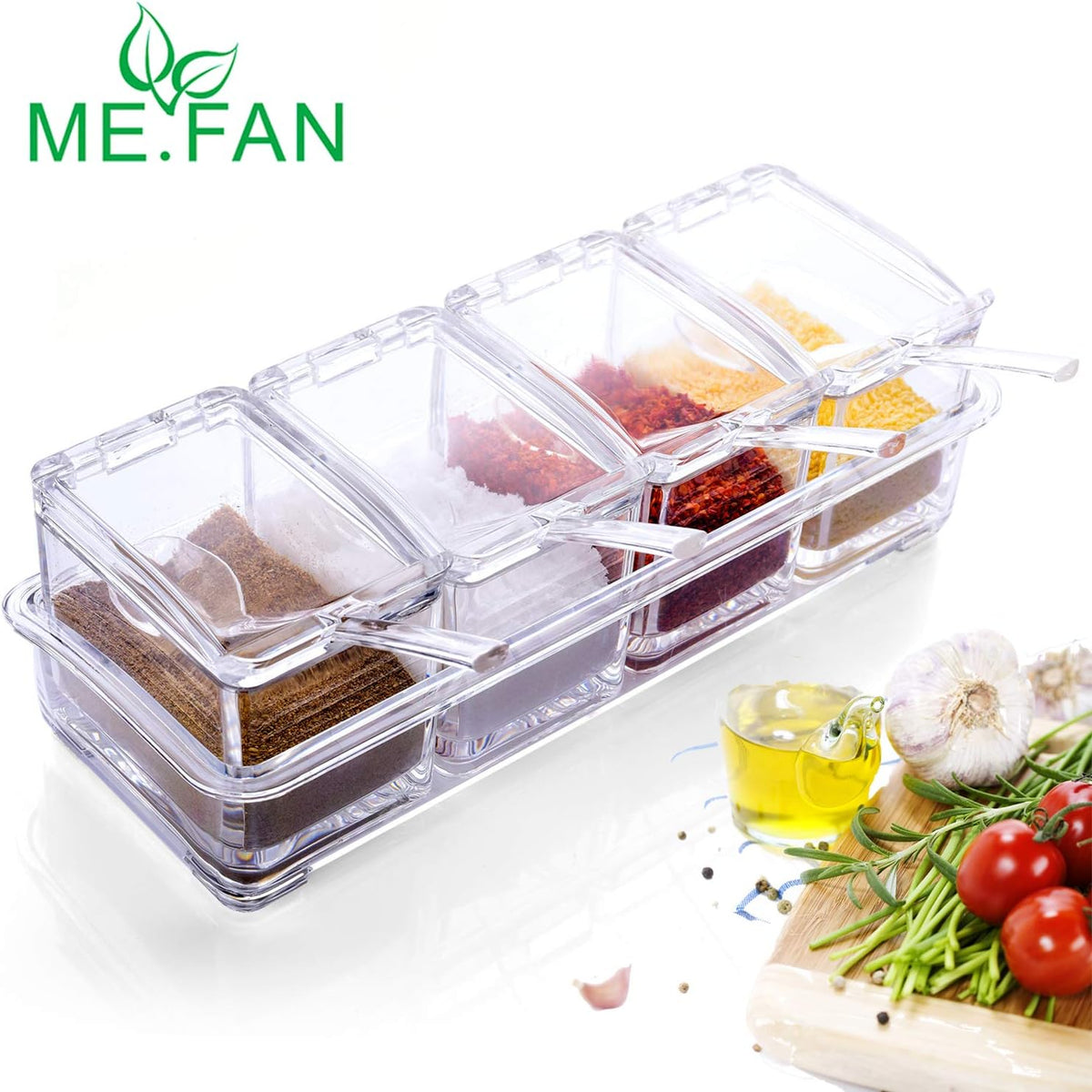ME.FAN Clear Seasoning Rack Spice Pots - 4 Piece Acrylic Seasoning Box - Storage Container Condiment Jars - Cruet with Cover and Spoon