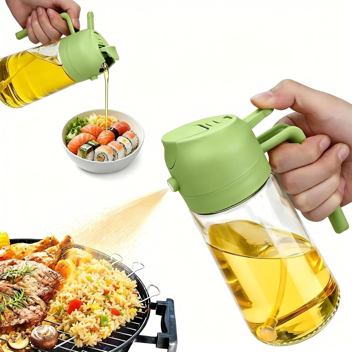 2 in 1 Olive Oil Spray for Cooking, 470ml/16oz Oil Dispenser for Kitchen and Home, Olive Oil Dispenser Bottle for Air Fryer, Salad, BBQ (Green)
