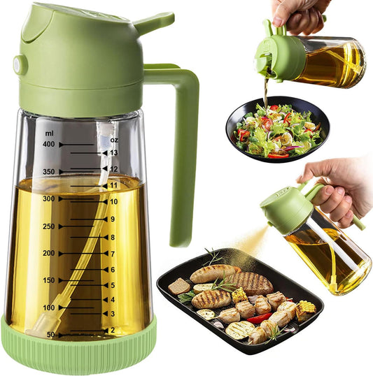 TrendPlain 16oz/470ml Glass Olive Oil Sprayer for Cooking – 2 in 1 Olive Oil Dispenser Bottle for Kitchen Gadgets and Air Fryer Accessories, Salad, BBQ - Green
