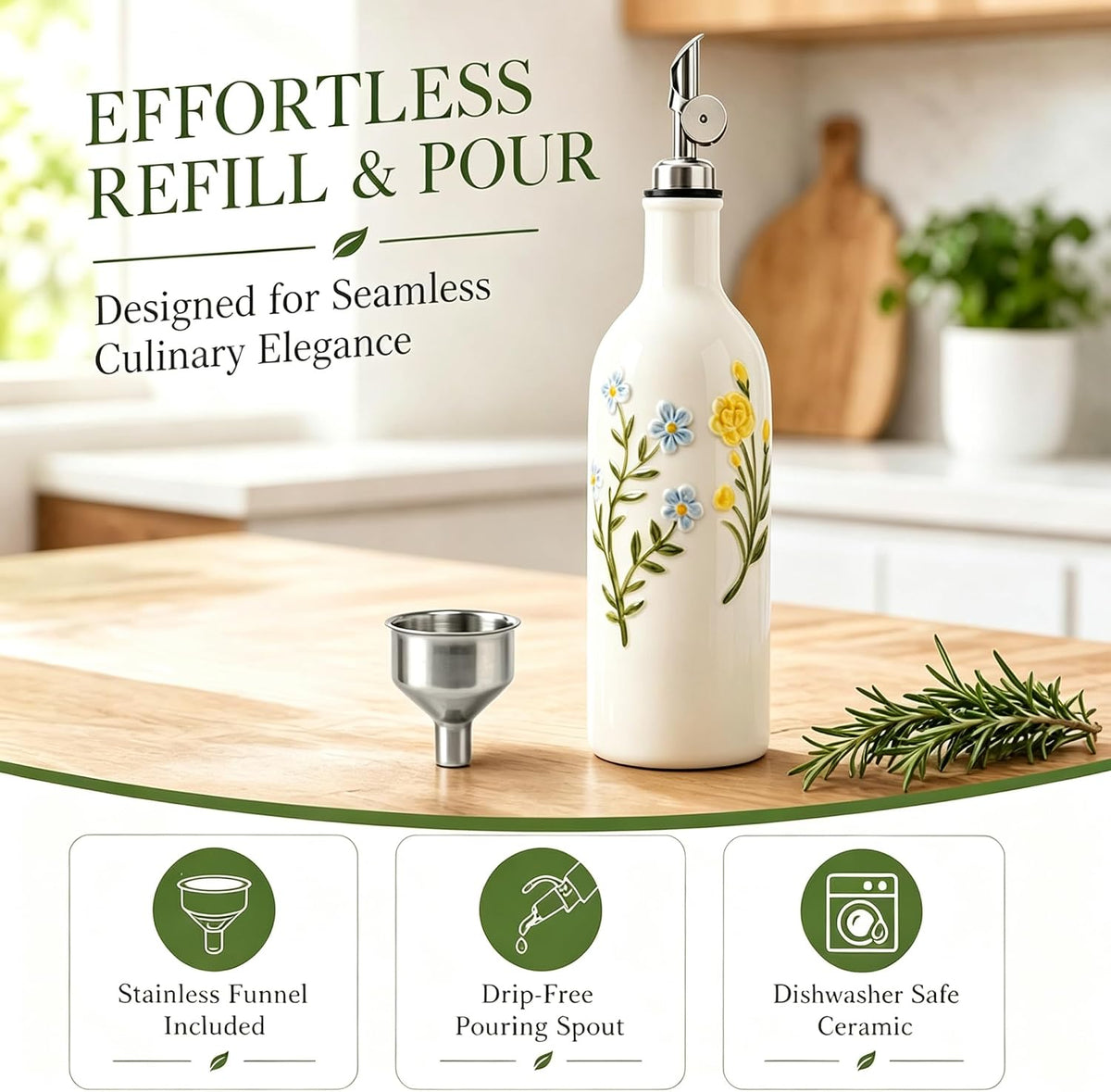 Ceramic Olive Oil Dispenser Bottle, 18 OZ(Flower)