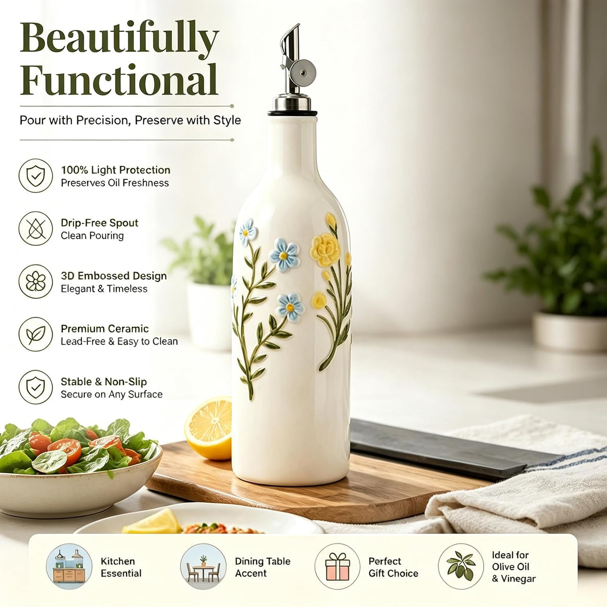 Ceramic Olive Oil Dispenser Bottle, 18 OZ(Flower)