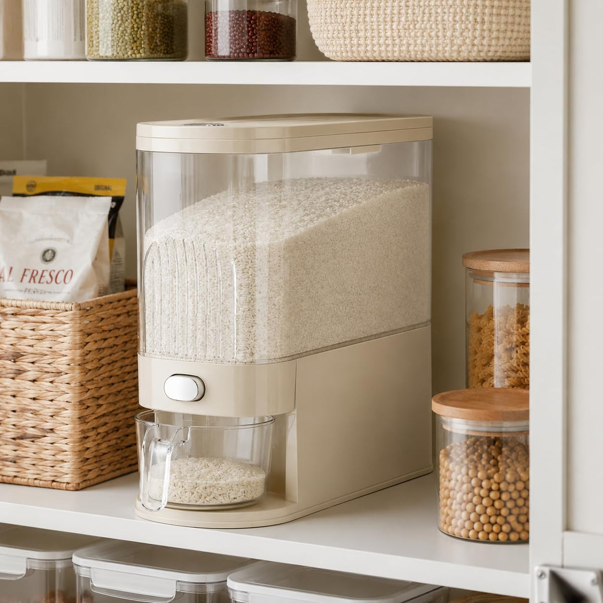 UFORU Rice Dispenser 12LB,Clear Rice Storage Container with Measuring Cup