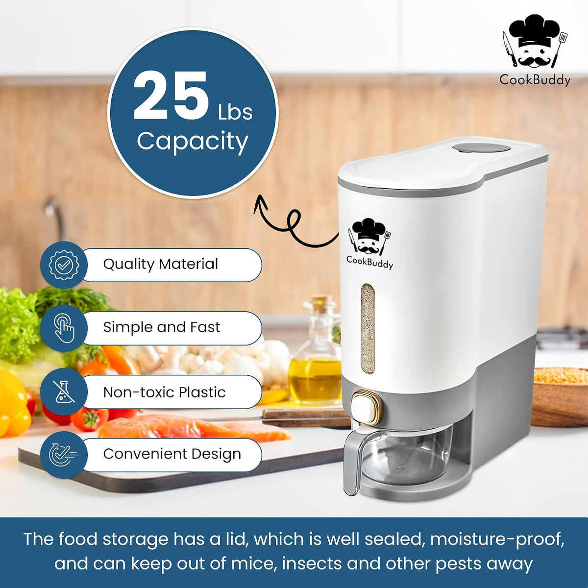 CookBuddy Rice Dispenser - 25 lb Airtight Rice Storage Container - Grain Dispenser