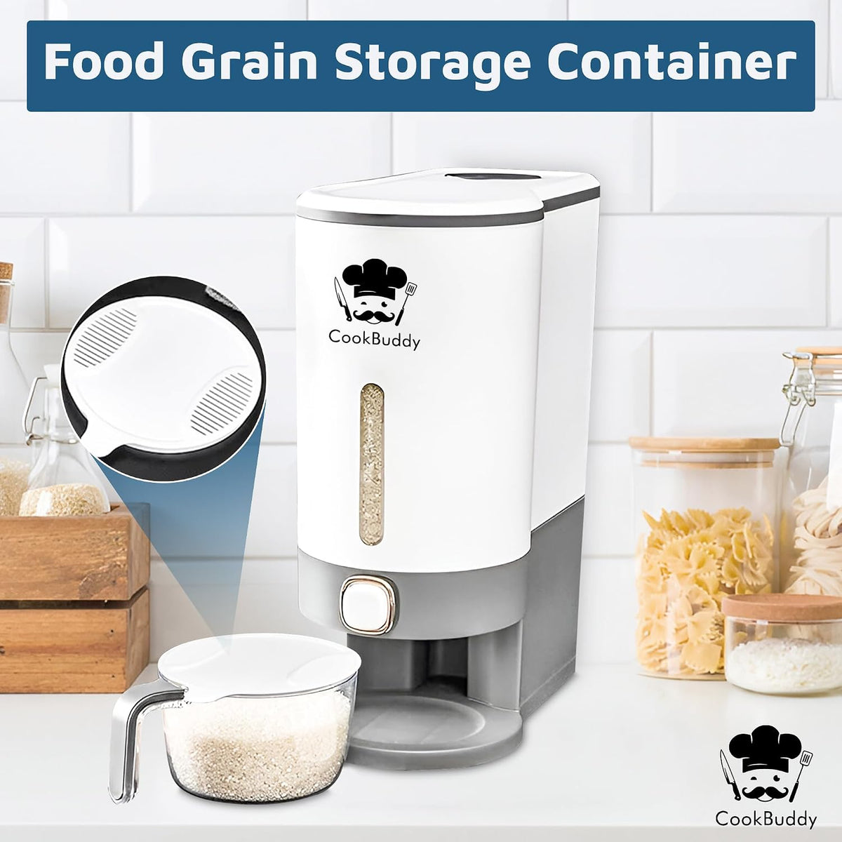 CookBuddy Rice Dispenser - 25 lb Airtight Rice Storage Container - Grain Dispenser