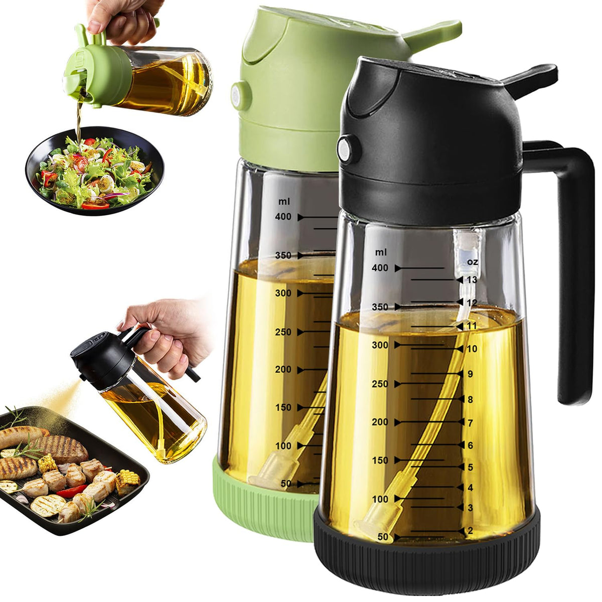 TrendPlain 16oz/470ml Glass Olive Oil Sprayer for Cooking – 2 in 1 Olive Oil Dispenser Bottle for Kitchen Gadgets and Air Fryer Accessories, Salad, BBQ - Green