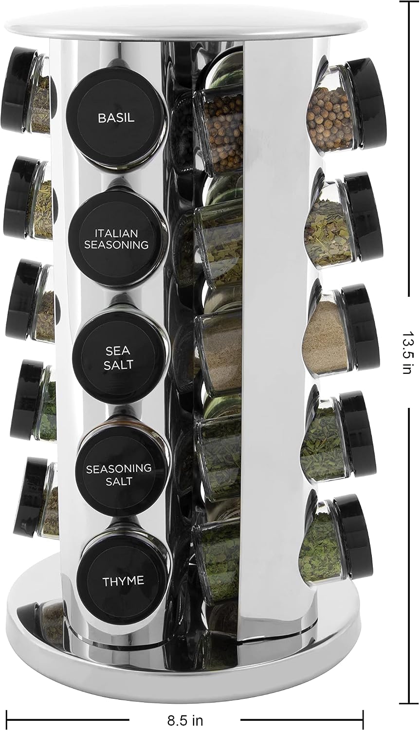 Kamenstein 20 Jar Revolving Countertop Spice Rack with Spices Included, FREE Spice Refills for 5 Years, Polished Stainless Steel with Black Caps, 30020