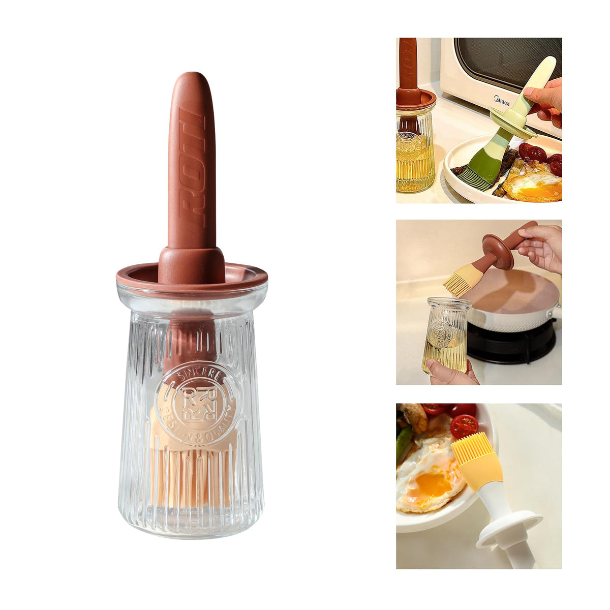 Oil Dispenser with Brush - Glass Olive Oil Dispenser for Kitchen, 3 IN 1 Oil Dispenser Bottle with Silicone Basting Brush for Cooking Vinegar Sauce BBQ Grill Frying (White)