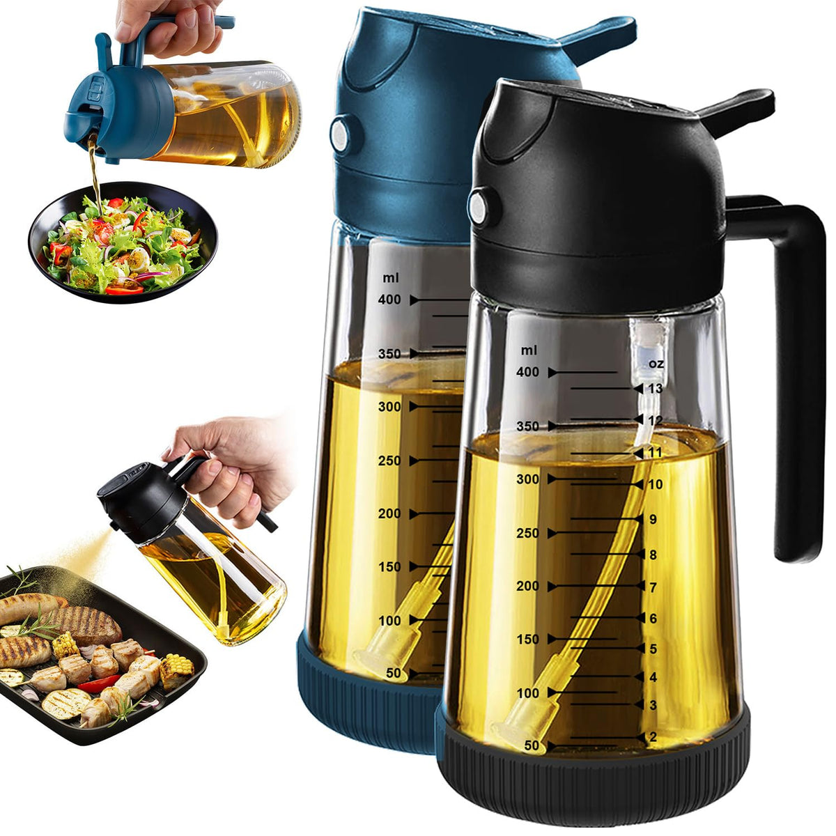 TrendPlain 16oz/470ml Glass Olive Oil Sprayer for Cooking – 2 in 1 Olive Oil Dispenser Bottle for Kitchen Gadgets and Air Fryer Accessories, Salad, BBQ - Black & Green
