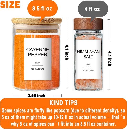 GPOVVIMX 12 Pcs Glass Spice Jars with Bamboo Airtight Lids and 191 Labels - 8.5oz Small Food Storage Containers for Kitchen, Seasoning, Coffee, Herb - Spoon and Marker Included
