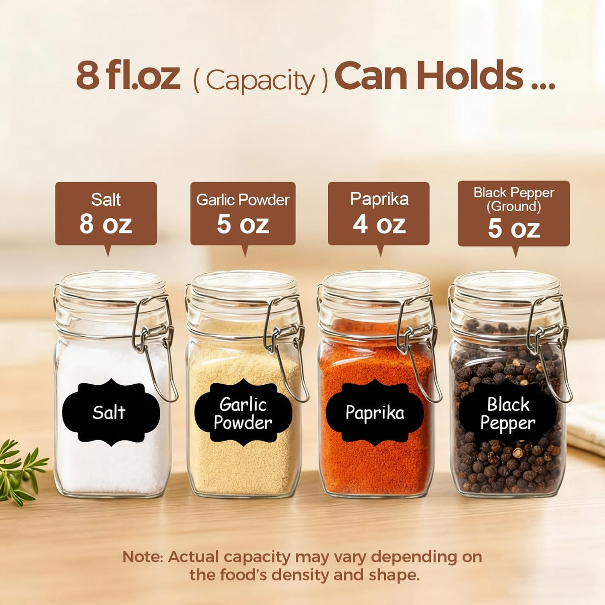 ComSaf Square Small 8 oz Glass Spice Jars with Airtight Lids 6 Pack Pantry