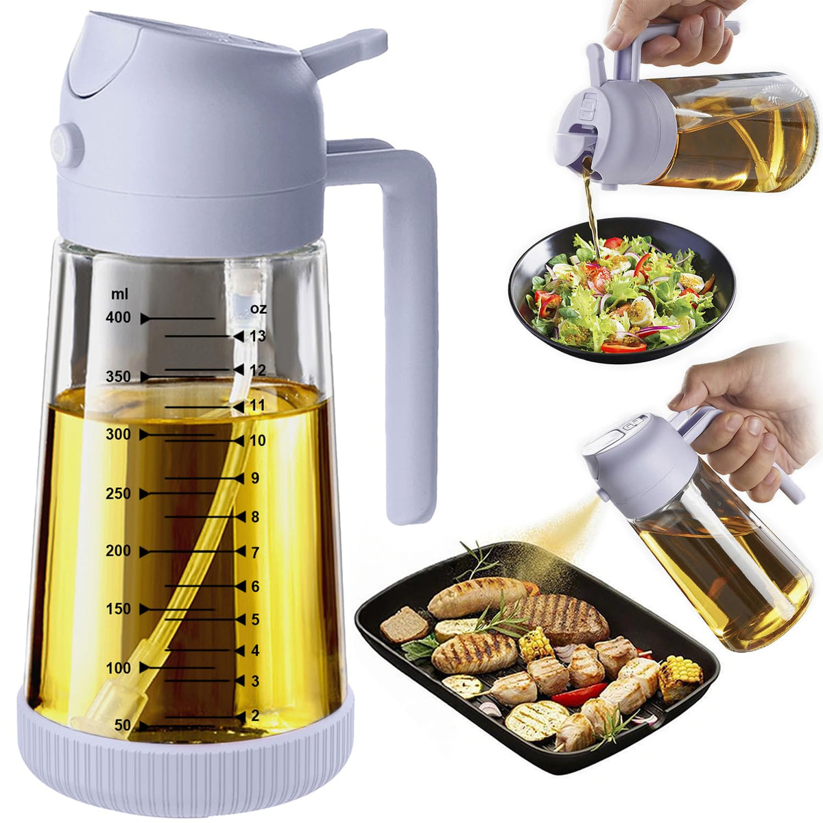 TrendPlain 16oz/470ml Glass Olive Oil Sprayer for Cooking – 2 in 1 Olive Oil Dispenser Bottle for Kitchen Gadgets and Air Fryer Accessories, Salad, BBQ - Black