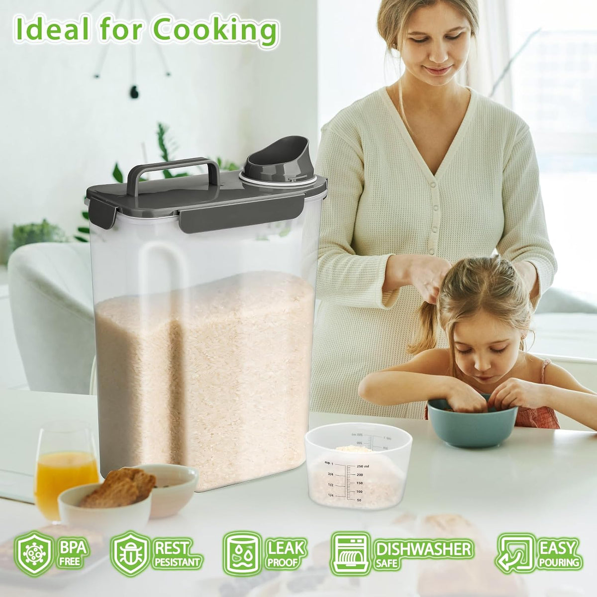 Viretec Rice Storage Container, 15 to 20lb Dry Food Airtight Dispenser, Pet Dog Cat Food Canister, BPA Free Clear Plastic Kitchen and Pantry Organization Bin for Oatmeal, Cereal, Pasta, Flour Grey
