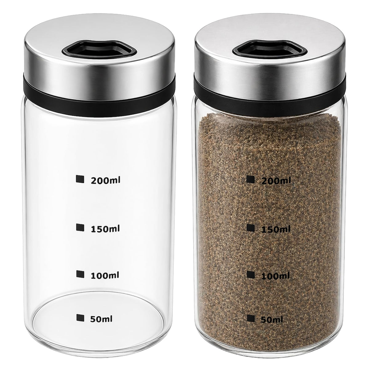 4 Pcs Salt and Pepper Shakers, 350ml Glass Spice Bottles with Adjustable Pour Holes, Spice Dispensers with Non-Slip Silicone Bases, Seasoning Jars with Rotating Steel Lids for Kitchen