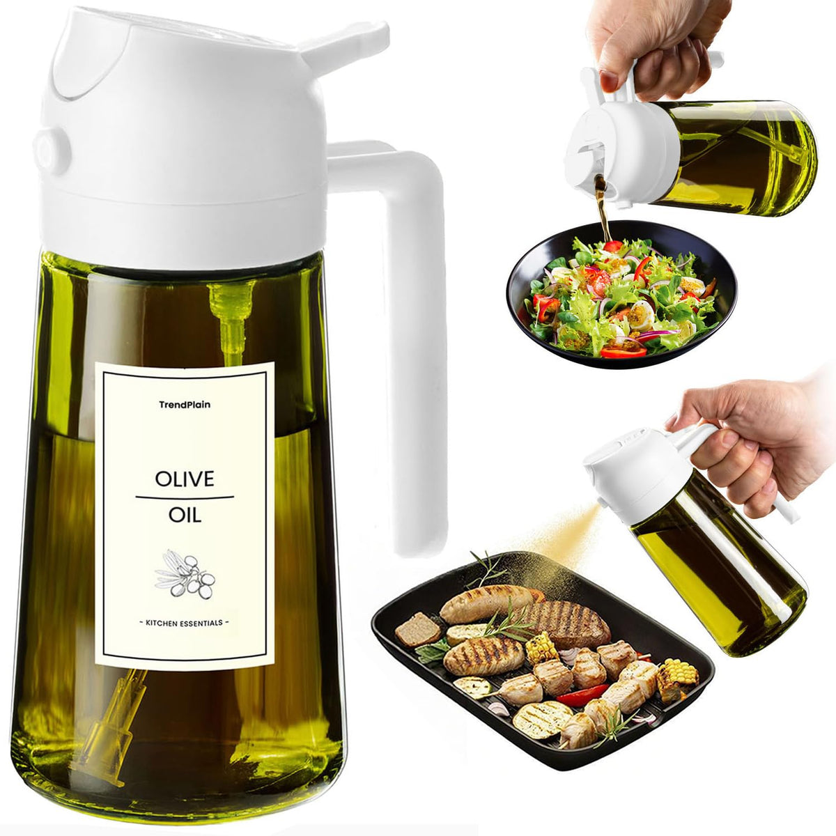 TrendPlain - Original 16oz/470ml Olive Oil Dispenser Bottle for Kitchen Gadgets and Air Fryer Accessories - Olive Oil Sprayer for Cooking w/Stickers - Black