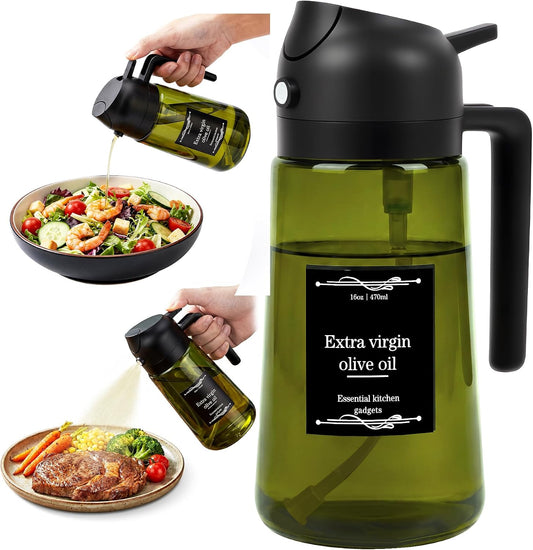 Oil Dispenser Glass Bottle, 16oz/470ml, 2-in-1 Oil Sprayer and Pourer, Clear Glass with Light-Blocking Dark Exterior Coating, for Cooking, Air Fryer, Salad, BBQ (Black)