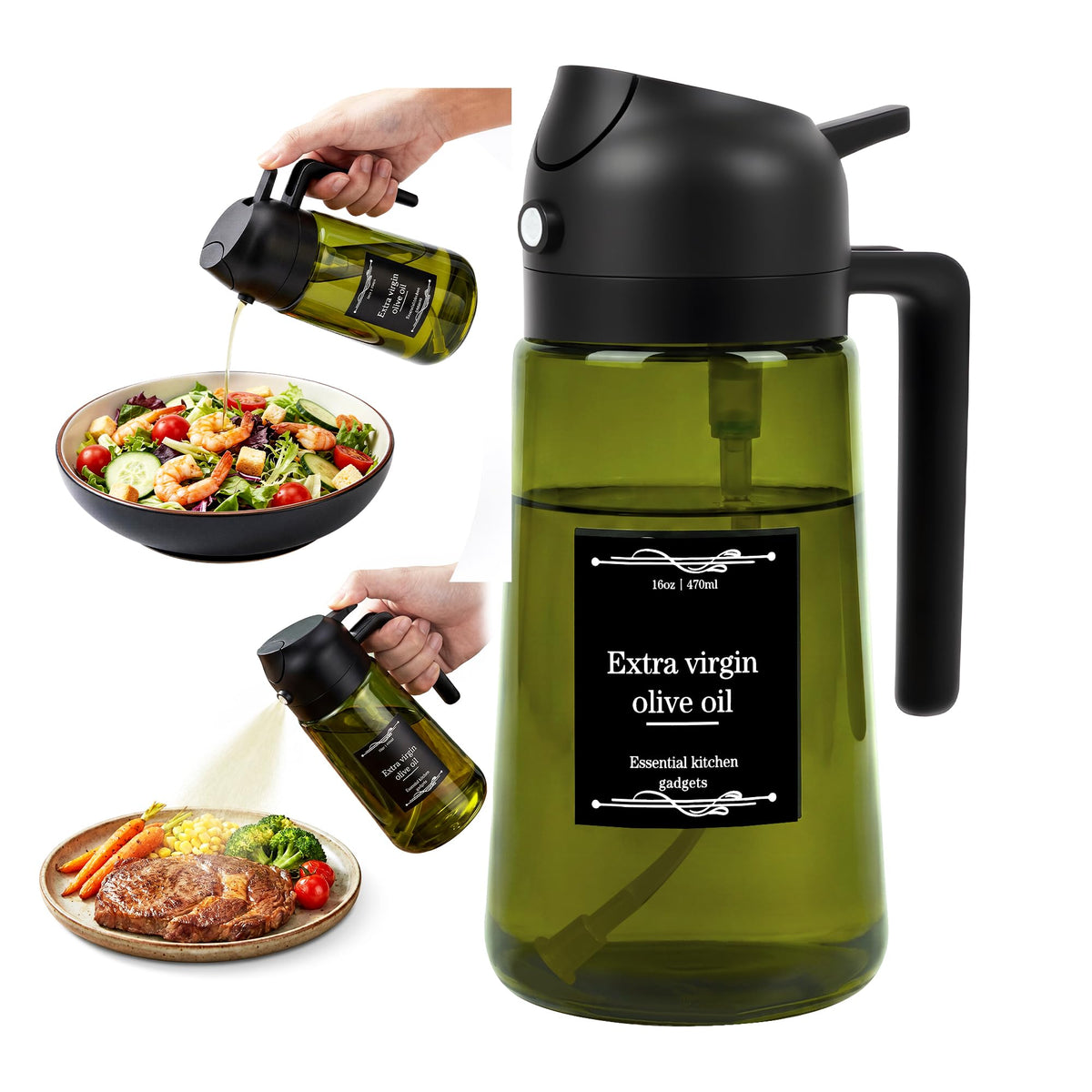 Oil Dispenser Glass Bottle, 16oz/470ml, 2-in-1 Oil Sprayer and Pourer, Clear Glass with Light-Blocking Dark Exterior Coating, for Cooking, Air Fryer, Salad, BBQ (Black)